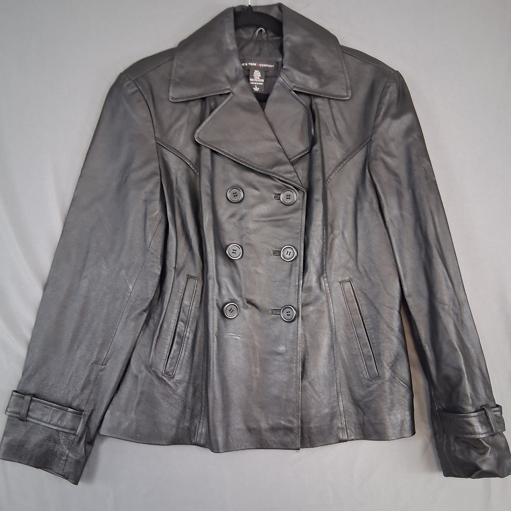 NEW YORK & COMPANY Women's Black‎ Genuine Leather Double Breasted Jacket L
